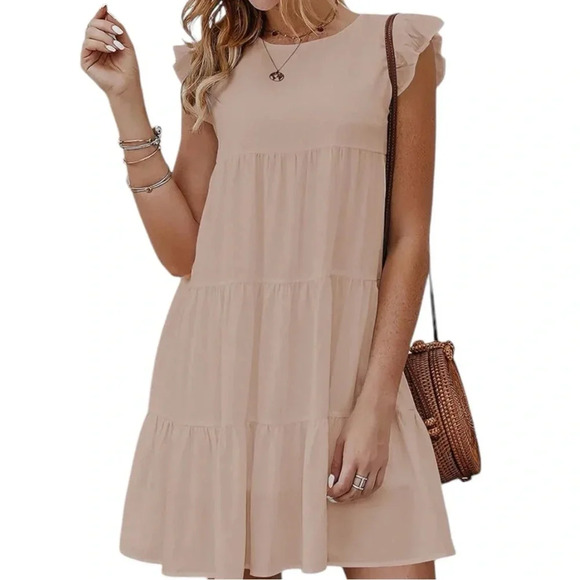 NWT Women’s 3 Tiered Baby Doll Dress Short Sleeved Mini Dress, Short Cap Sleeved - Picture 3 of 9